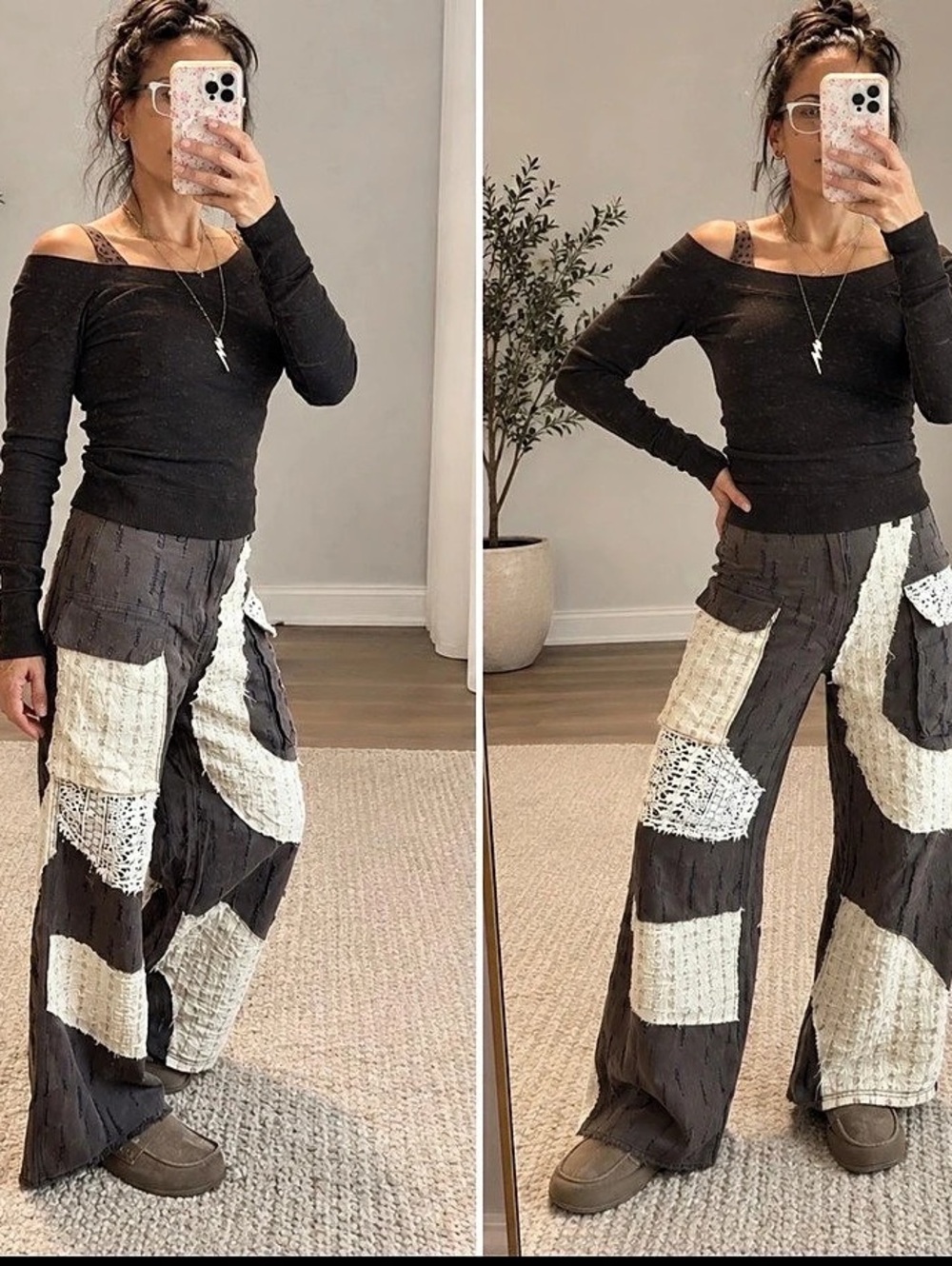 POL Wide Leg Patchwork Pants in Brown & White Size Small